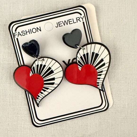 Piano Heart Earrings Black Red Music Lover Acrylic Dangle Earrings - Picture 8 of 10
